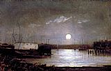 Moon Wall Art - moon over a harbor, wharf scene with full moon and masts of boats